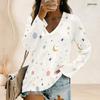 Women Plus Size V Neck Long Sleeve White Star Moon Printed Top Curved Hem With Pockets