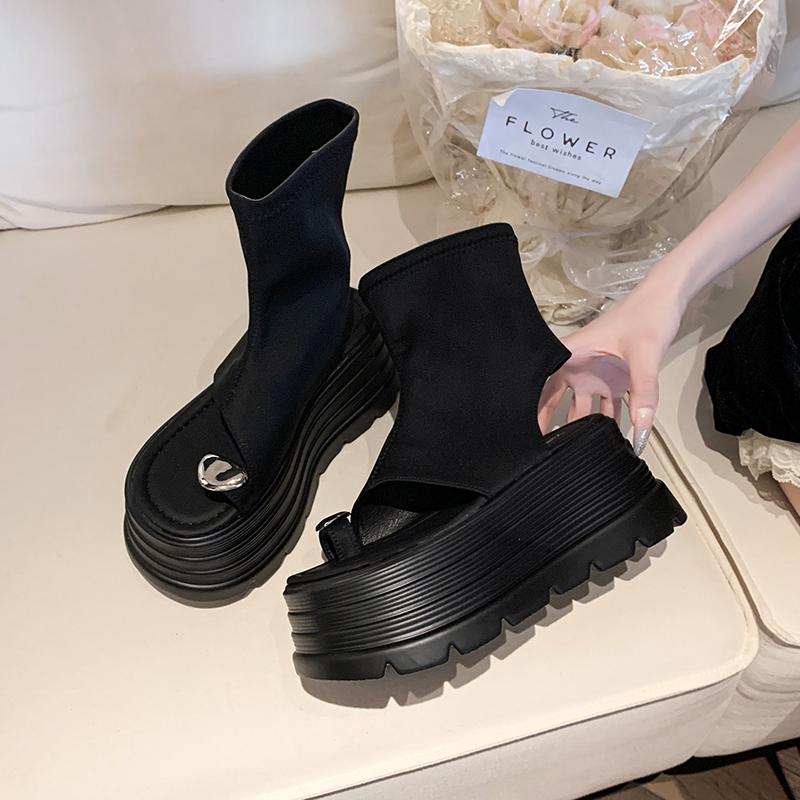 Fashion 8.5cm Ankle Boots Stretch Fabric Ankle Booties Fashion Ladies Summer Women Shoes Platform Wedge Flats Sandals Leather Peep Toe