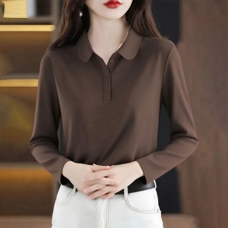 Autumn Women's Polo Shirt Long Sleeve Solid Color Casual Top