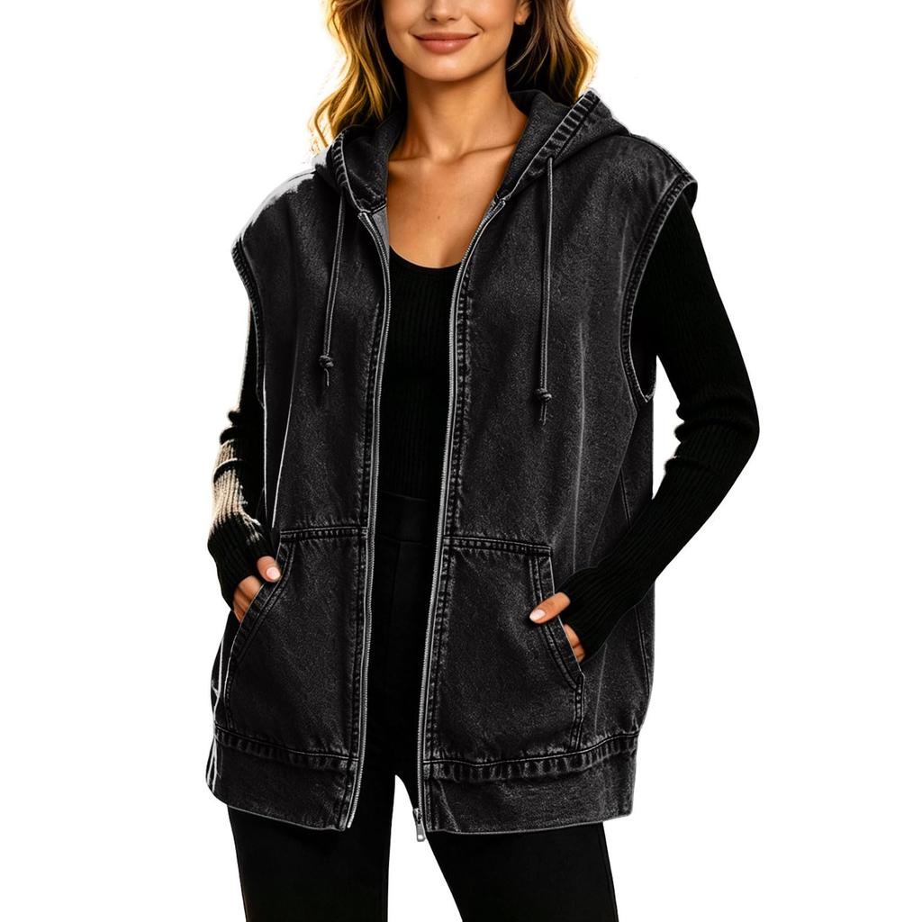Women's Casual Hooded Denim Vest with Full Zip