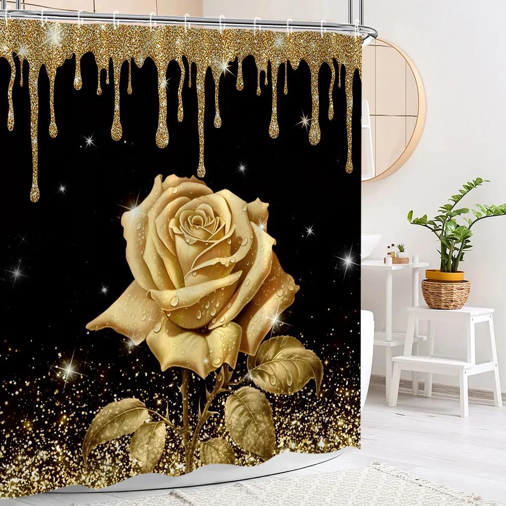 Pink Glitter Rose Shower Curtain and Rug Bathroom Set Floral Pink Glitter Shower Curtains Bath Mat Bathroom Decor with Hooks