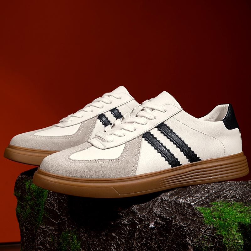 Men'S Beige Black Striped Retro Sneakers Leather Suede Casual Platform Skate Shoes Non-Slip Comfortable Trainers