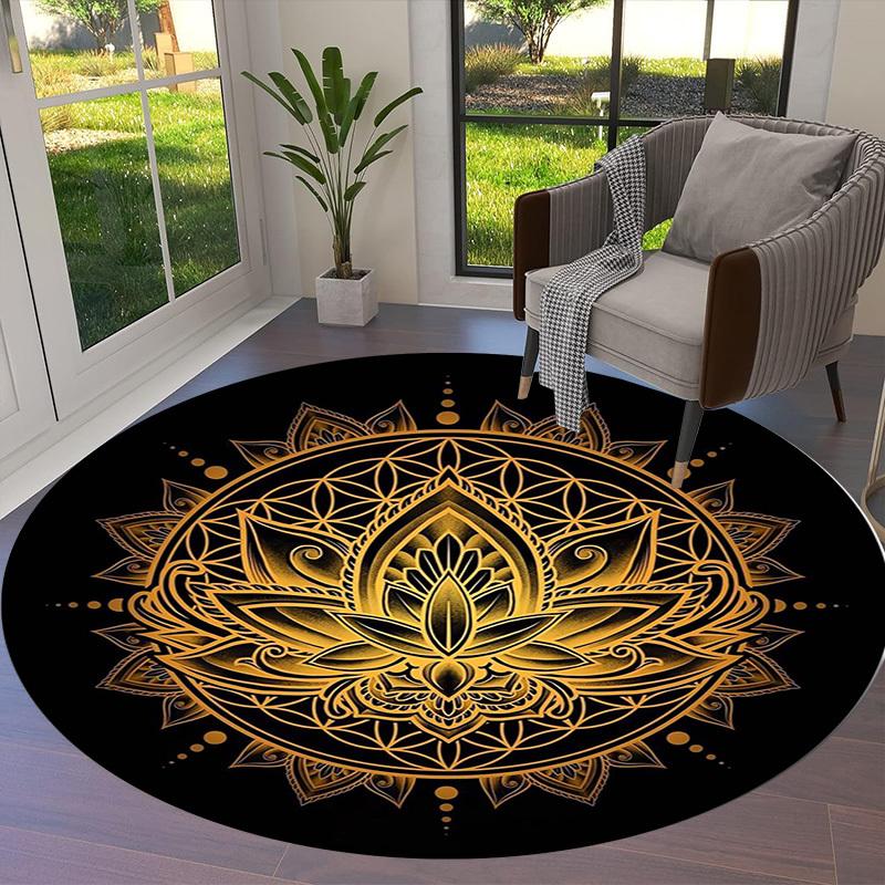 1pc Golden Lotus Mandala Design Round carpet, Made of Polyester,Perfect for Decorating Office Chairs, Living Rooms,Vibrant Decorative Rug