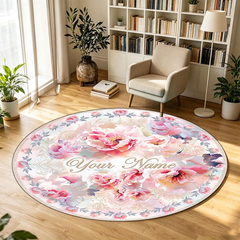 Floral Flowers (855) Theme Circular Crystal Velvet Carpet Customized Name & Text Round Soft Floor Rug For Living Room Bedroom Decor