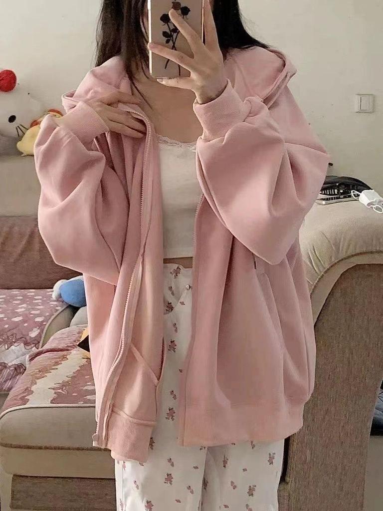 Damen Weicher Rosa Kapuzen-Cardigan mit Reißverschluss: Japanischer Süßer Stil, Langärmlig, Lockere Passform, Figurschmeichelndes Oberteil für Frühling/Sommer