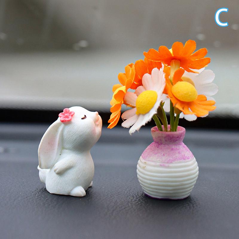 Cute Mini Bunny And Daisy Flower Vases Car Dashboard Decorations Fun Dashboard Ornament Kawaii Car Interior Accessories Rearview