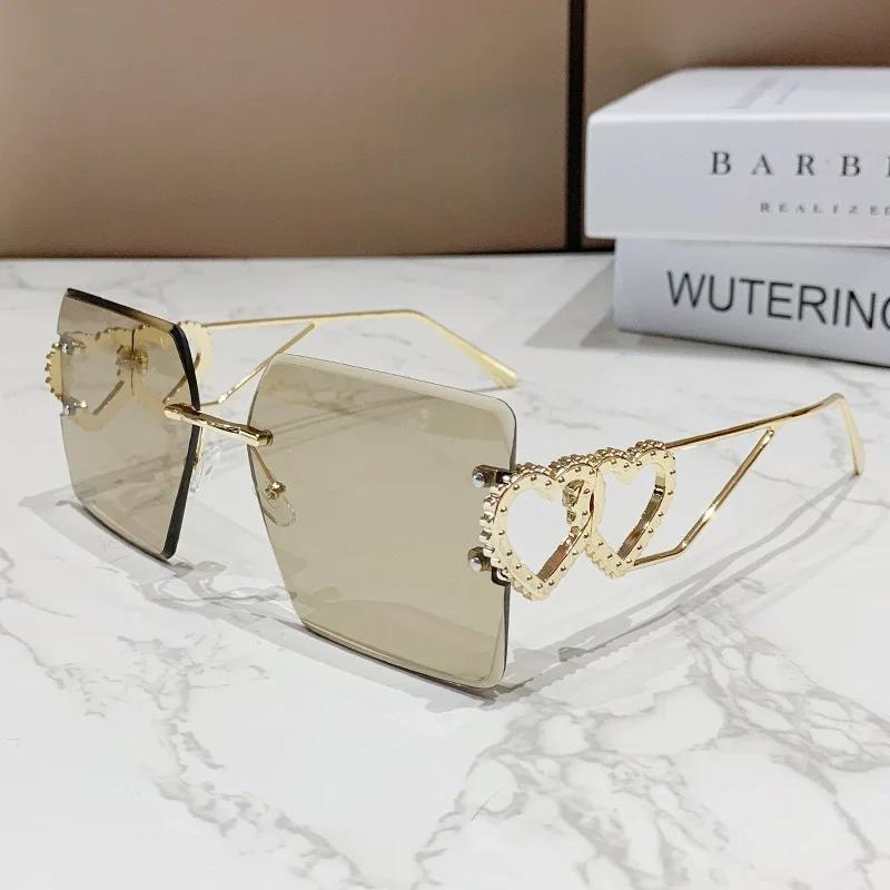 Women Rimless Sunglasses Siamese Lens Sun Glasse Anti-UV Spectacles Eyeglasses Personality Double Heart Temples Goggles