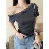 Small Sexy Pure Lace Slash Shoulder Short Sleeve T-Shirt Women's Summer Spice Girl Slim Off-Shoulder Bottom Top Women's T