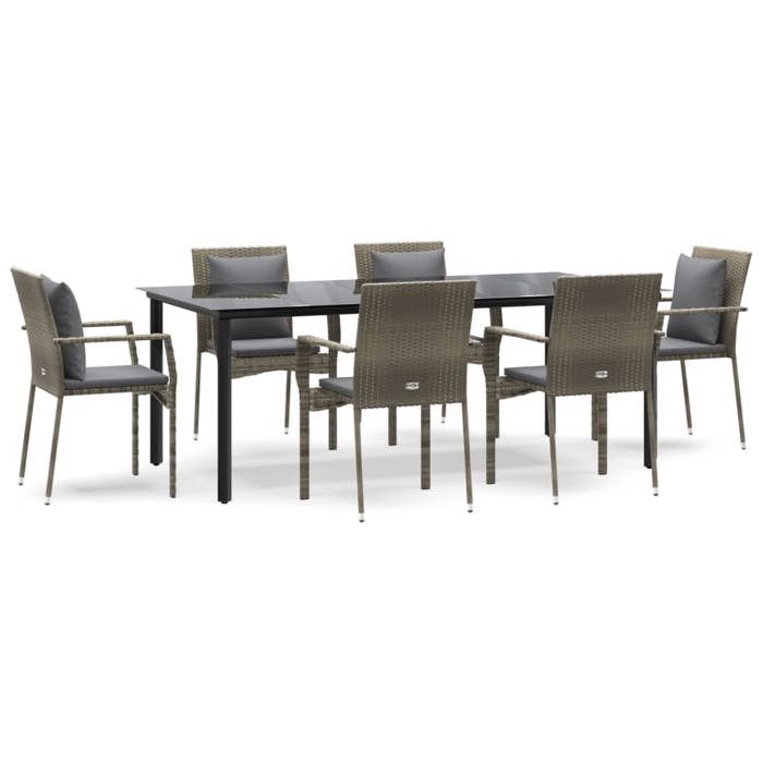 VidaXL Ensemble à manger jardin et coussins 7 pcs Noir et gris Rotin, ensemble de salle à manger, ensemble de salle à manger 3185117