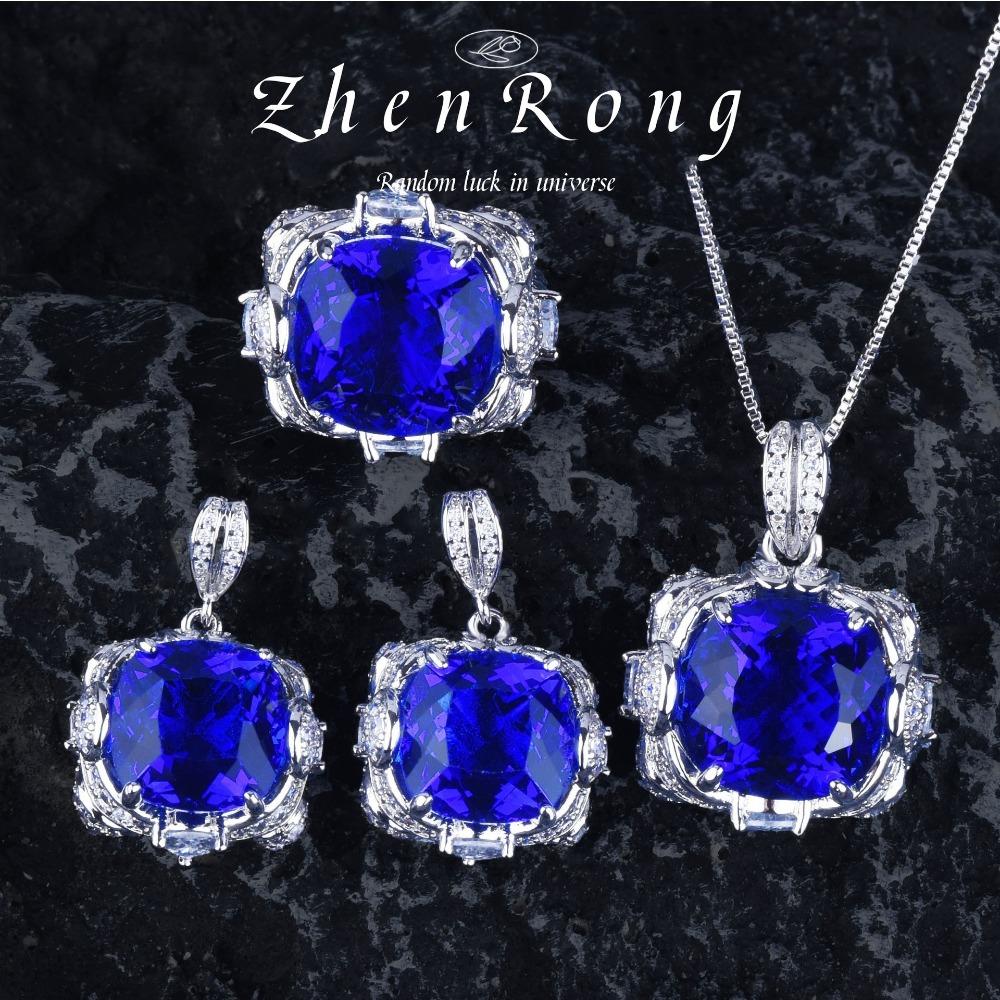 

Royal Blue Sapphire Pendant Necklace Large Carat Earrings Paraiaba Ring Jewelry Set for Women