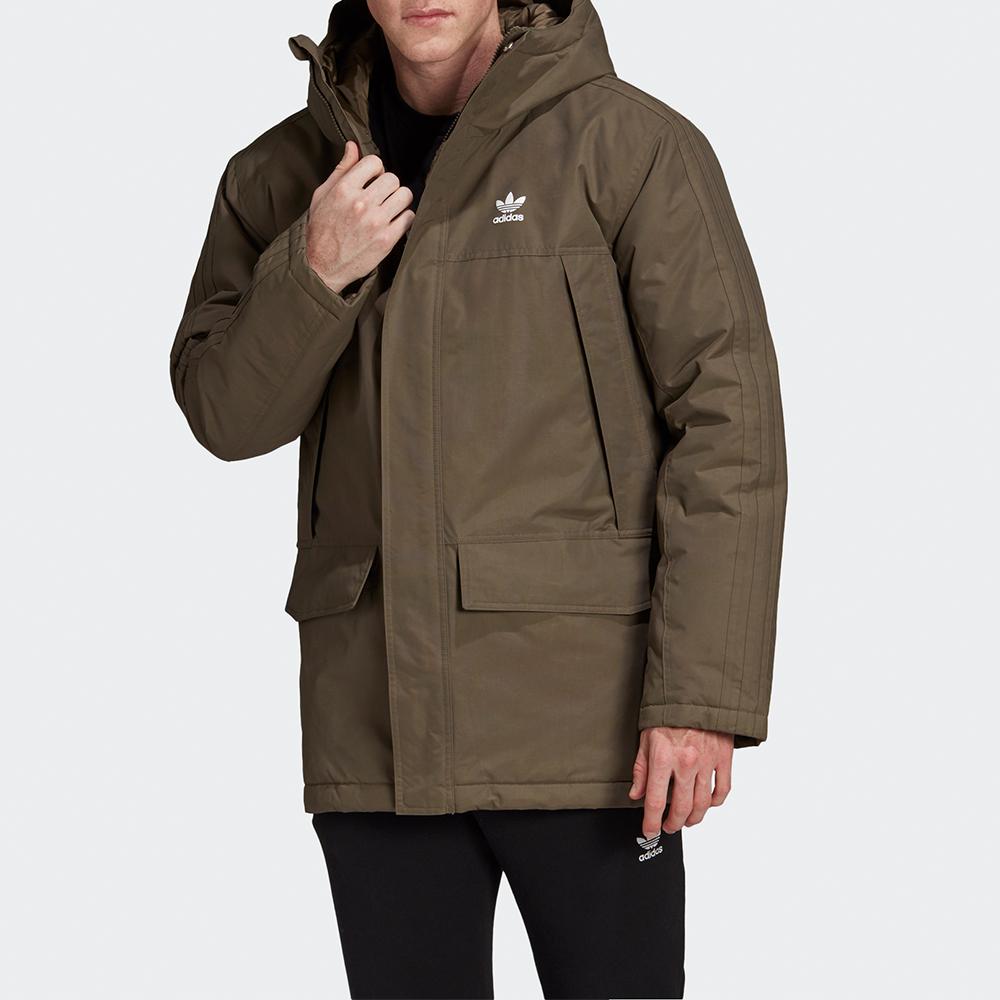 Adidas Originals Parka Trébol Acolchada con Capucha Chaqueta de Algodón Hombre Ropa Exterior Marrón Rama de Árbol ED5835
