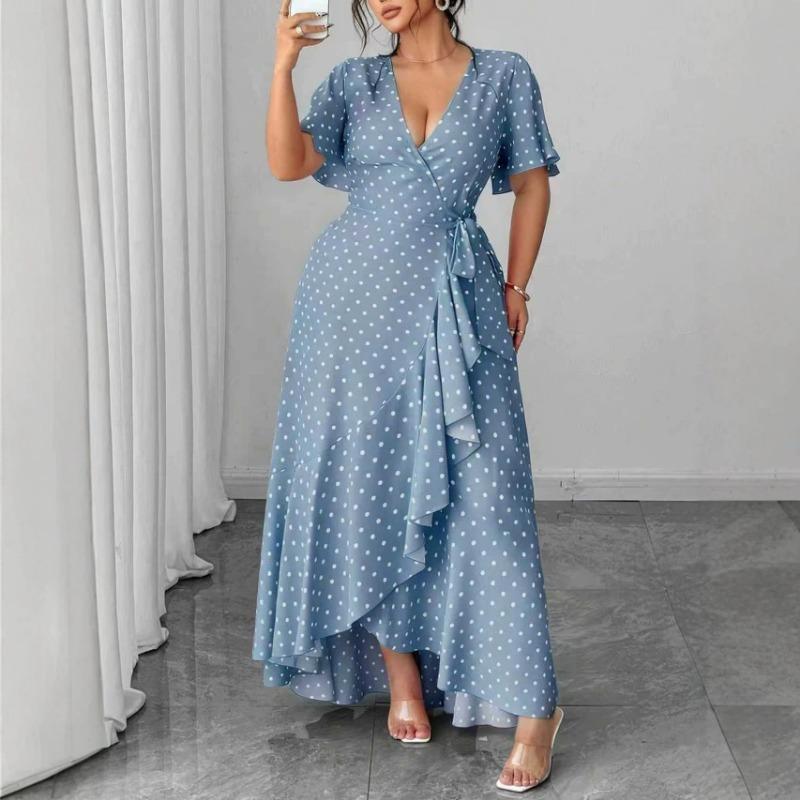 Robe Mi-longue A-line à Pois et Lacets pour Femme Grande Taille, Col en V
