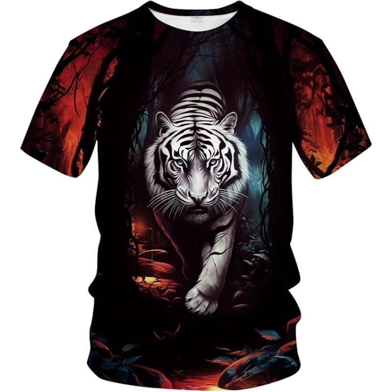 Men's Summer 3D T-shirt Fashionable Casual Loose Pattern Animal Tiger Print Round Neck Short Sleeved T-shirt Top