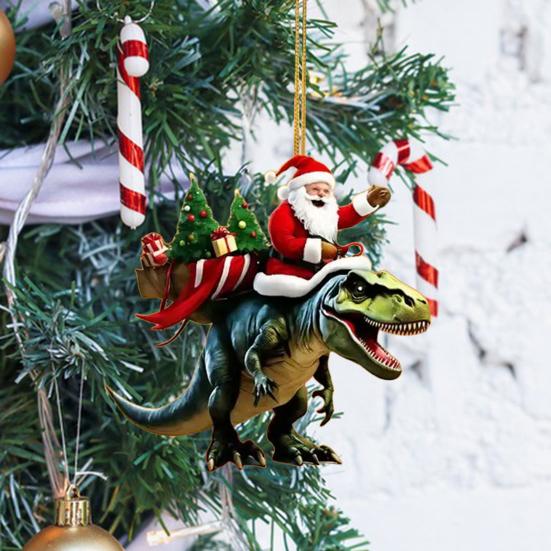 Christmas Pendant Santa Claus On Dinosaur Ornament 2D Flat Acrylic Hanging Decoration for Christmas Tree Mantel Decor