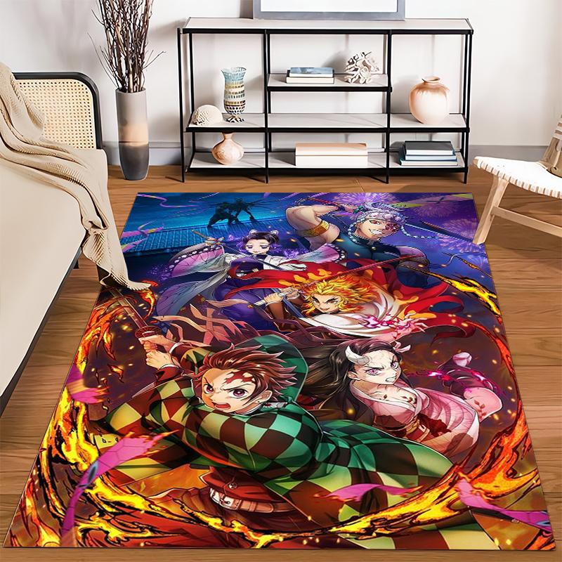 Colorful Anime Carpet Featuring Warriors and Flame Artwork Design Suitable for use as an anti-slip for living room bedroom sofas