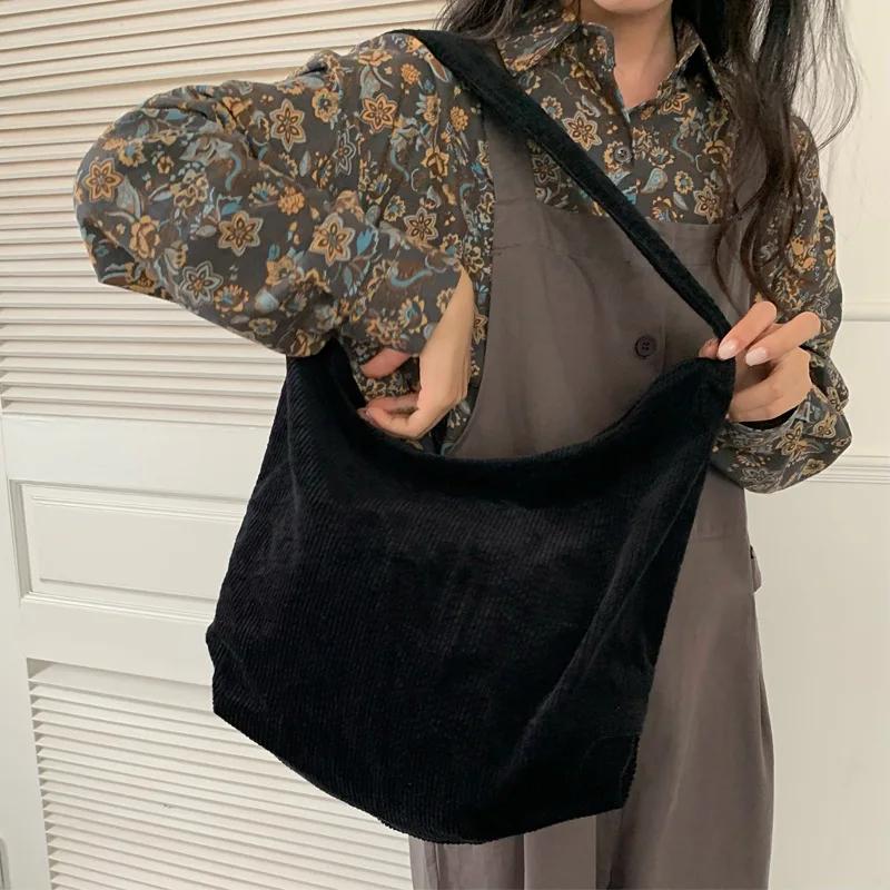 Large Capacity Women's Shoulder Bag Retro Corduroy Female Commute Shopping Bags Solid Color Ladies Simple Tote Purse Handbags