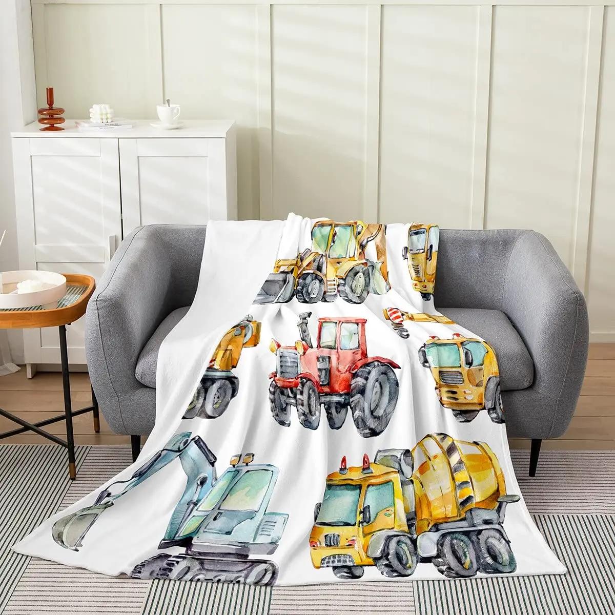 Pătură Camion de Construcții Galben Desene Animate Tractor Mașini Pături de Aruncat din Flanel pentru Toate Sezoanele Copii Băieți Excavator Pătură de Sofă Size: 100*150cm, Weight: 230 GSM