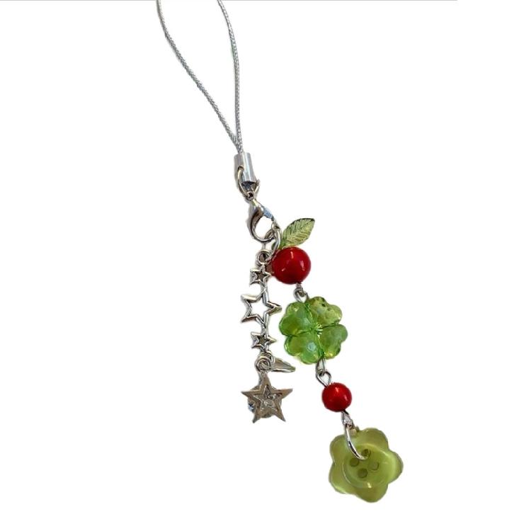 Glücksbringer Schlüsselanhänger mit grünen Vierblättrigen Kleeblatt Perlen Koreanisch Inspirierte Mode Handy-Gurt Zubehör Für Den Täglichen Gebrauch