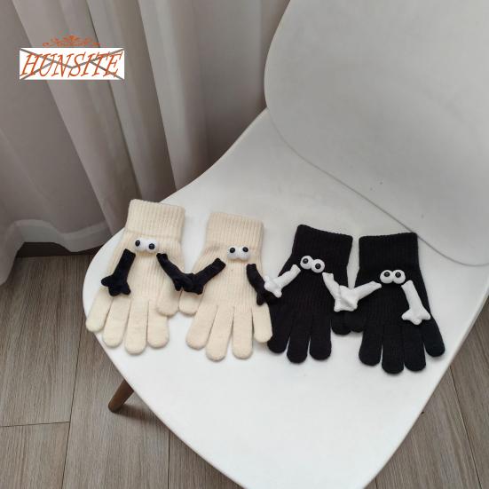 1 Pair Linking Couple Gloves, Magnetic Suction, Knitted Full Fingers, Funny Big Eyes, Winter Warm Gloves