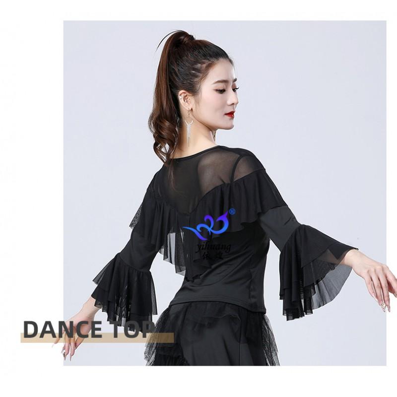 Latin Dance Top Women Ballroom Practice Wear Mesh Long Sleeve Flared Cuff Milk Silk 2025 Black Red Pink