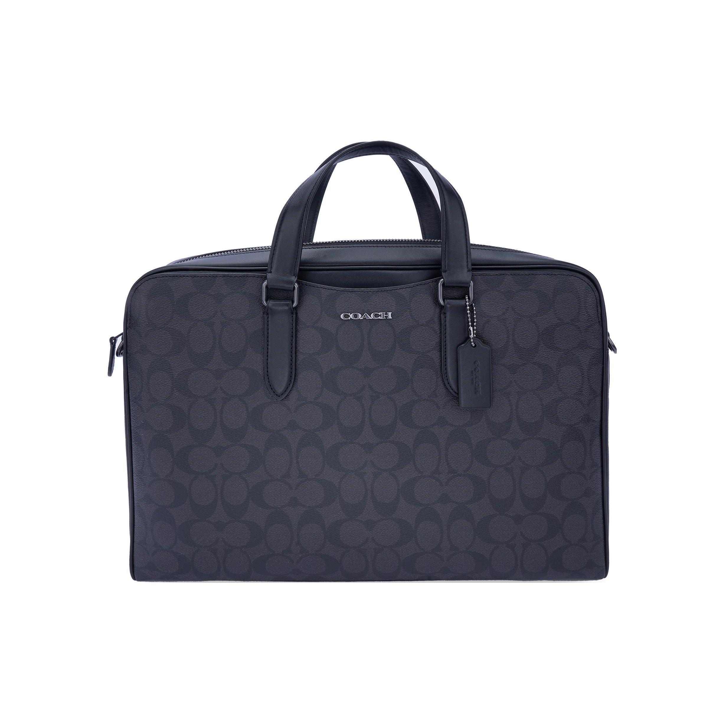 Coach Men's Black Graham 39 Classic Monogram Zip Closure Leather Tote Shoulder Crossbody Briefcase Large Briefcase C8175-Qbn3a