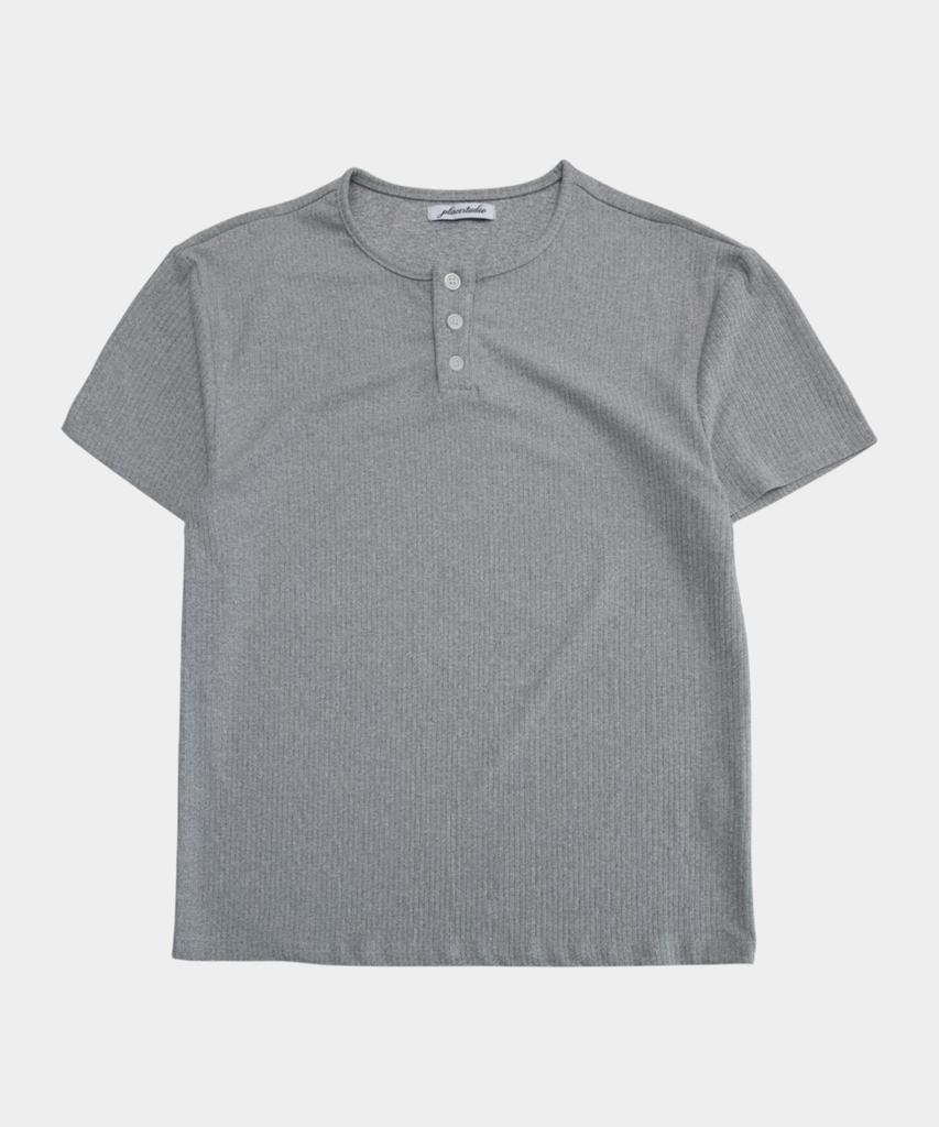 PLACESTUDIOMAN Basic Cotton Waffle Snap Point Henley Neck Semi-Oversized Short Sleeve T-Shirt _3 Colors