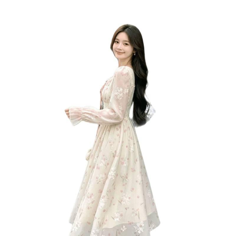 Skirt autumn and winter new French floral skirt small printed chiffon dress women's two-piece set