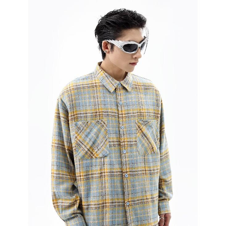 American Retro Plaid Shirt Men's Spring and Autumn Street Trend Loose Couple Casual Long Sleeve Shirt Coat