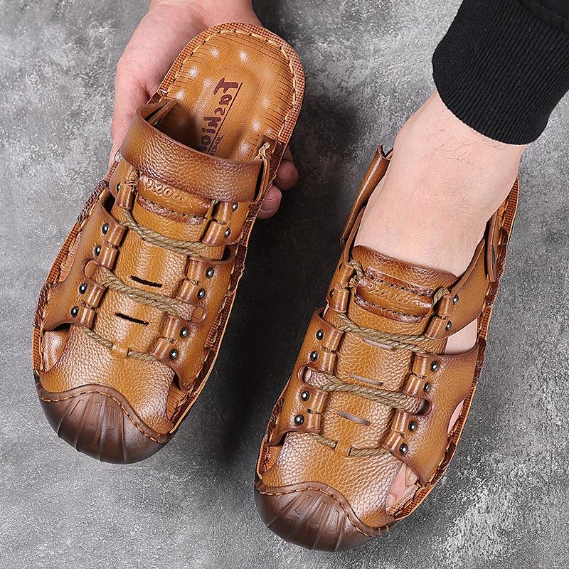 Summer outdoor sandals men's leather jelly sole casual sandals men's bag head men's hole beach men's cool slippers