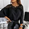 Women Top Crochet Embroidery Lace Blouse Three Quarter Sleeve Round Neck Lace Stitching Solid Color Lace Up Loose OL Style T-shirt