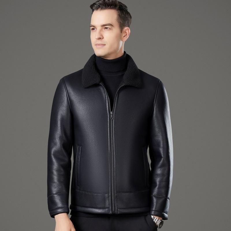 

Мужская зимняя новая меховая цельная короткая кожаная куртка для папы среднего возраста с лацканами из овчины 170