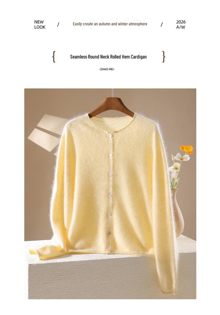 2026 Autumn/Winter Women's Long Sleeve Cashmere Wool Cardigan - Round Neck, Rolled Edge, Solid Color Flocked Sweater