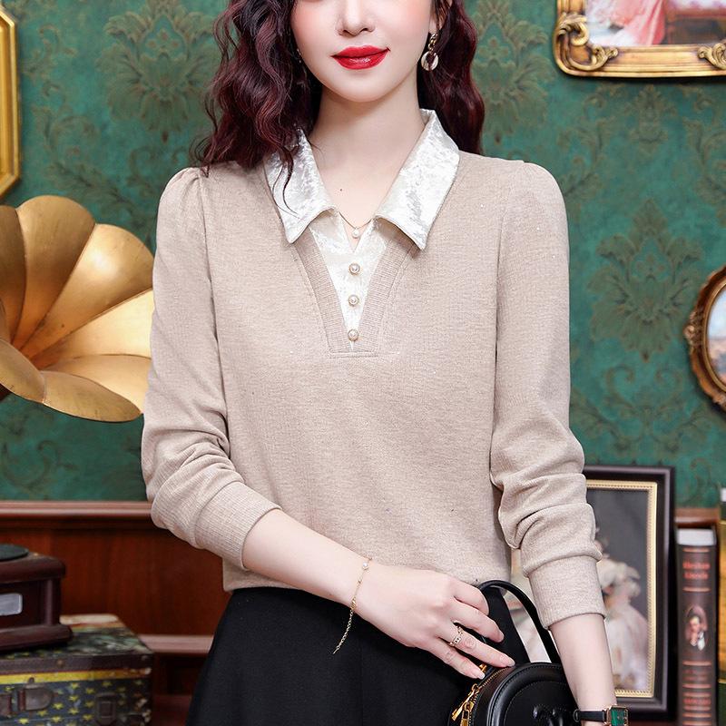 Fake Two-piece Long-sleeved Sweater for Women In Spring New Slim Top Temperament Pullover Shirt