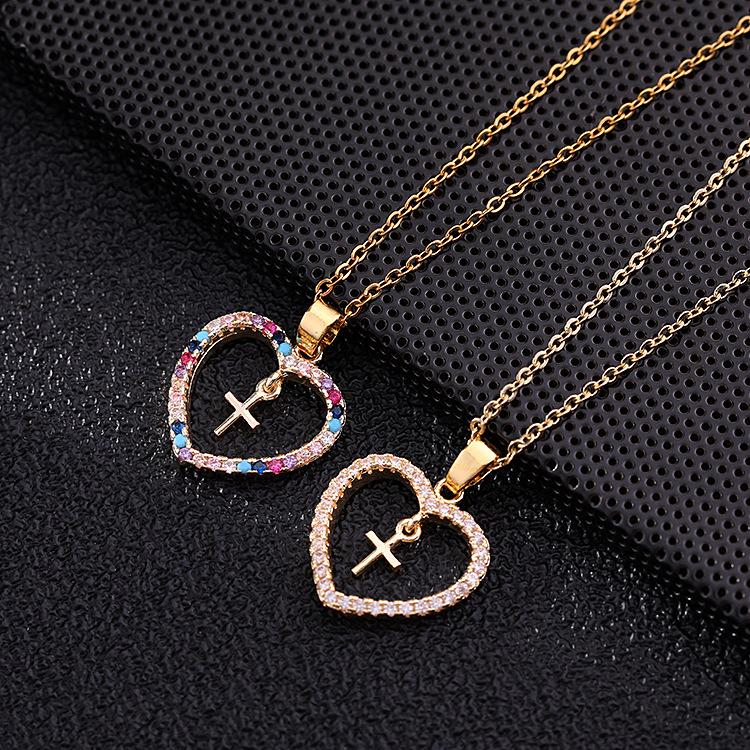 Micro-Set Colorful Zirconia Geometric Cross Pendant Necklace With Heart Charm Fashion Love Jewelry