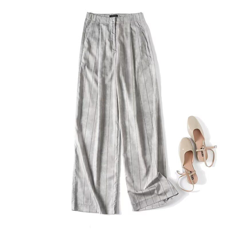 

MD Женская одежда Лето Интеллектуалы Повседневная Ветрозащитный Эффект Драпировки Полоска Прямые Широкие Брюки 05032850806 Gray Brown L