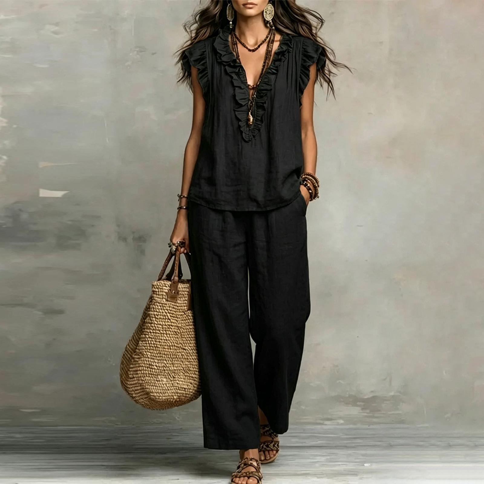 

Women s Fashion V-neck Flying Sleeveless Tank Top Casual Pants Bohemian Cotton And Hemp Two Piece Set XL чёрный