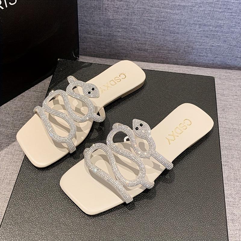 [Elegante flache Strass-Slipper] Elegante flache Strass-Slipper | Schlangen-Design Sommer Damen Böhmisch