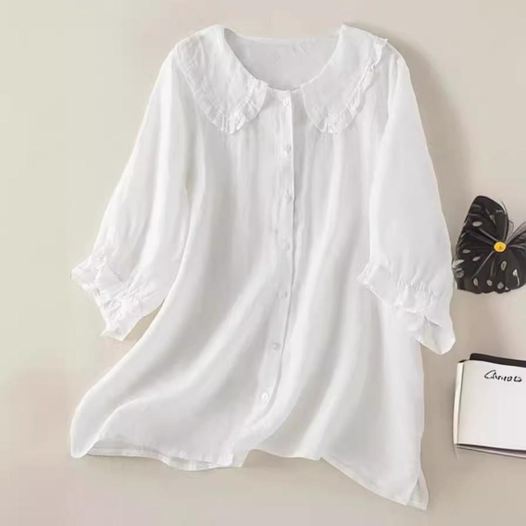 Camisa Suelta de Manga Media con Cuello de Muñeca para Mujer