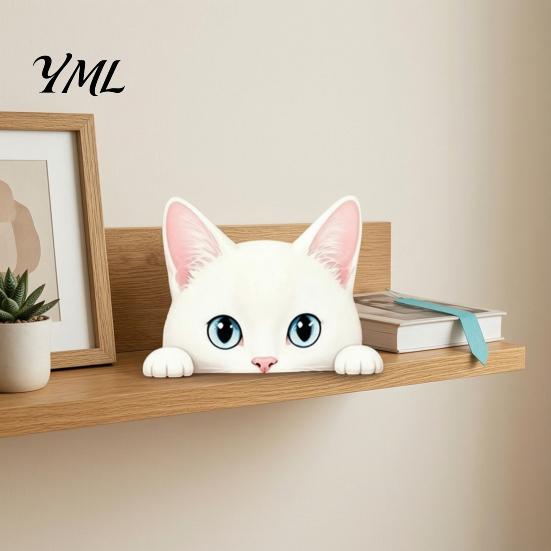 Cute Cat Theme Room Decor Shelf Sitter Ornament, Wooden Peeking Kitten Figurine, Desk 2D Flat Decorative Statue for Desktops And Bookshelves