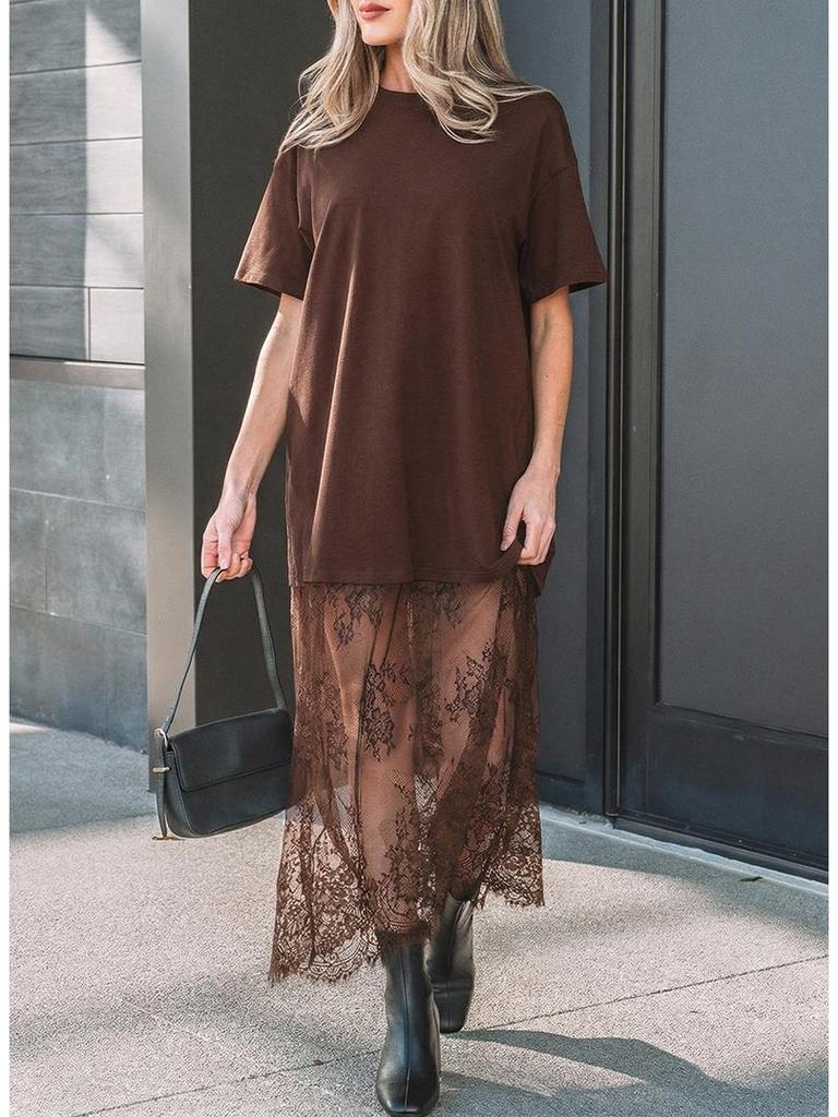 2025 Summer European & American Women's Lace Patchwork Short Sleeve Long Dress