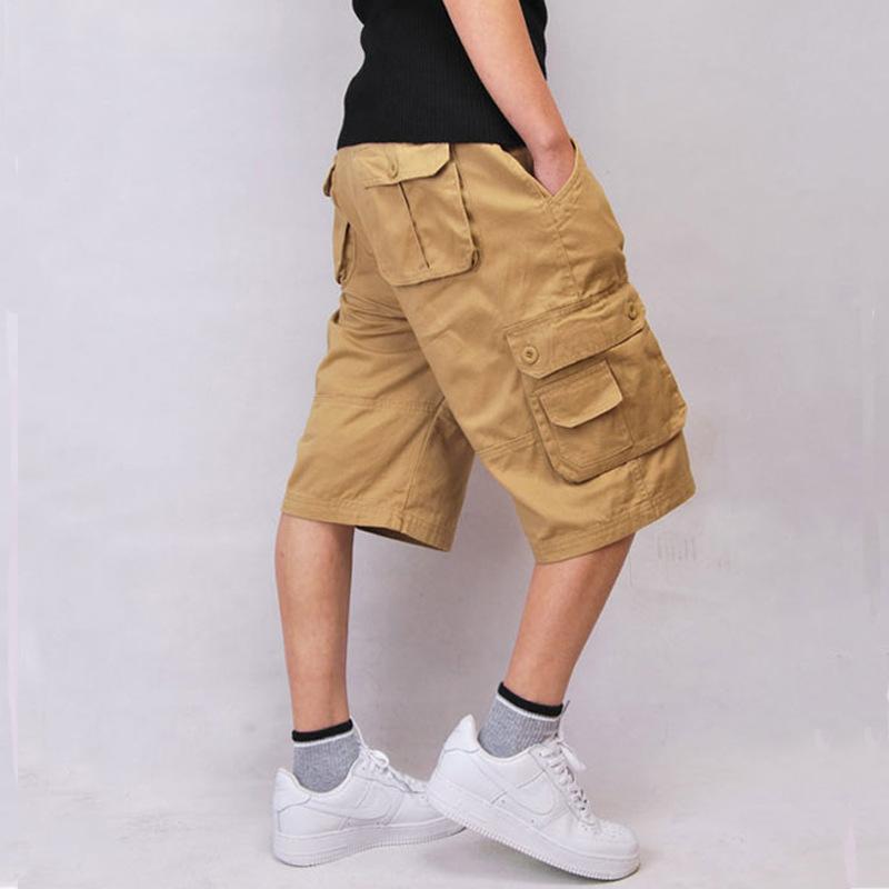 Men solid khaki multi pocket cargo knee shorts loose fit outdoor street casual walking bottoms
