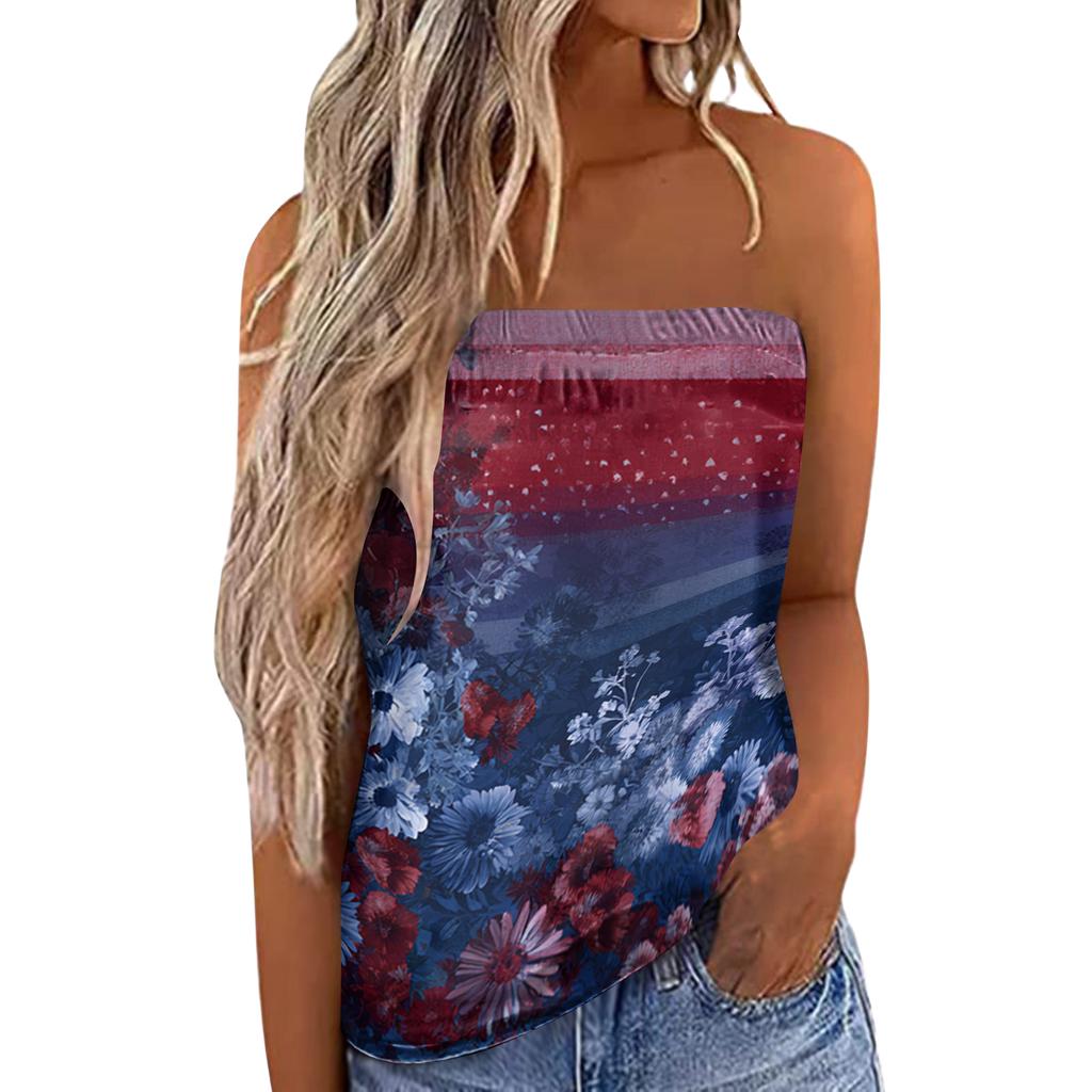 Women's Summer Sexy Strapless Off-Shoulder Elastic Band Design Independence Day Print Top