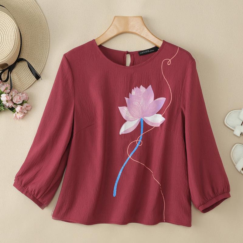 

ZANZEA Женская повседневная блузка с круглым вырезом, цветочным принтом и рукавами 3/4 вино красного