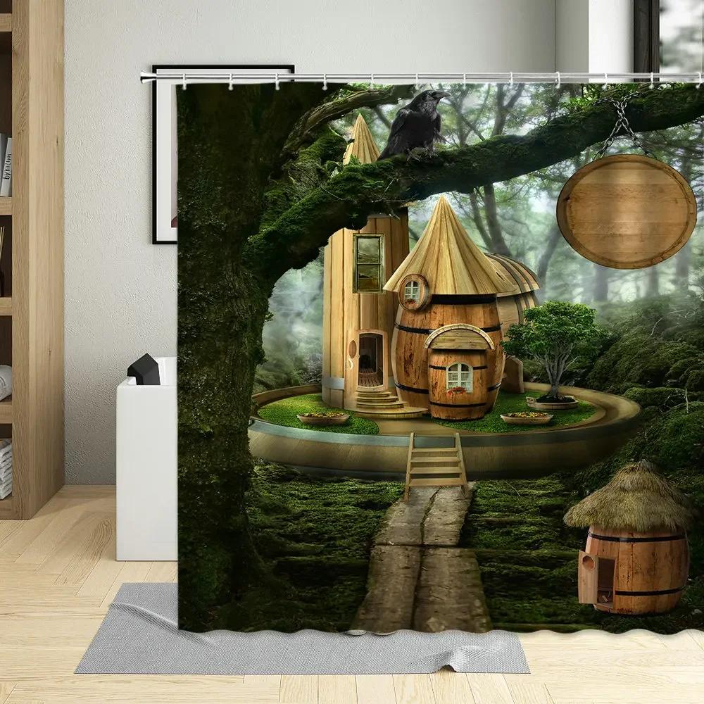 Fantasy Fairy Tale World Shower Curtain Vine Door Green Forest Mushroom Animal Bathroom Decor Polyester Bath Curtains With Hooks