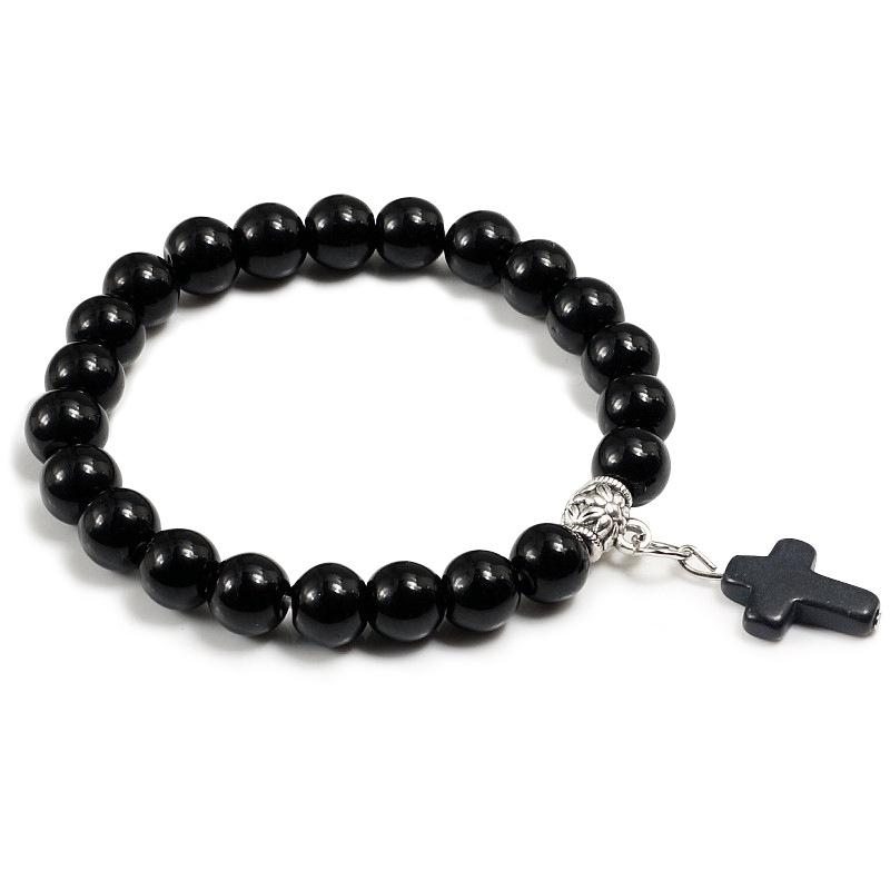 Turquoise Lava Stone Cross Pendant Bracelet with Elastic Cord