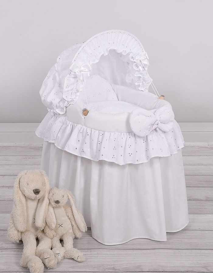 Doll's Pram - Moses Basket for Dolls with Hood - White with Embroidered Lace