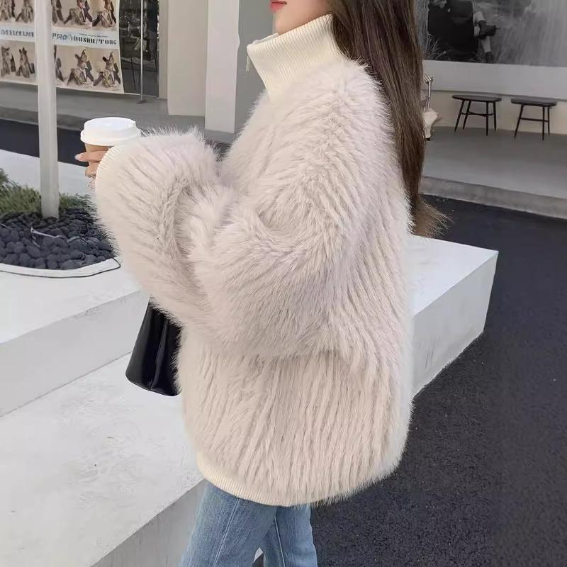 New Product Stand-up Collar Vertical Strip Fox Hair Ditching Imitation Fur Jacket Cutting Ditch Plush Women's Winter Clothing Zipper Fur Top Tide