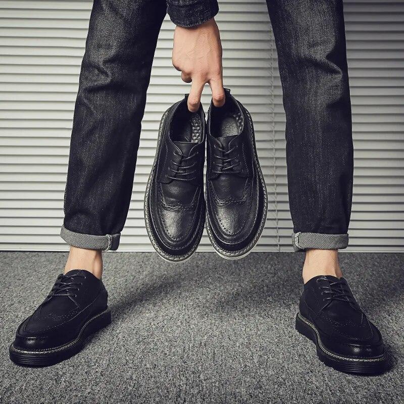100% Genuine Leather Shoes Fashion Brogues Flat Thick Sole Male Footwear Pure Black Casual Mens Shoes