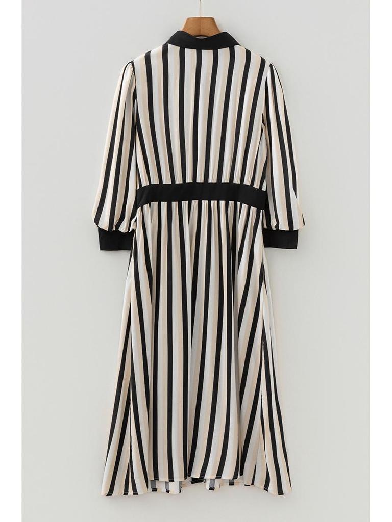 2025 Winter Stripe Print Lapel Shirt Dress for Women - Elegant European & American Style, Waist-Cinching Design