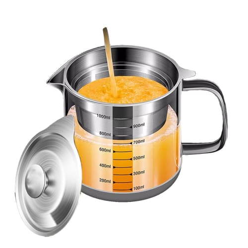 Ticaot Oil Pot, Deep Strainer, 18-8 Stainless Steel and Heat-Resistant Clear Glass, Oil Strainer with Graduations, Measuring Cup, Filters Residue, Oil